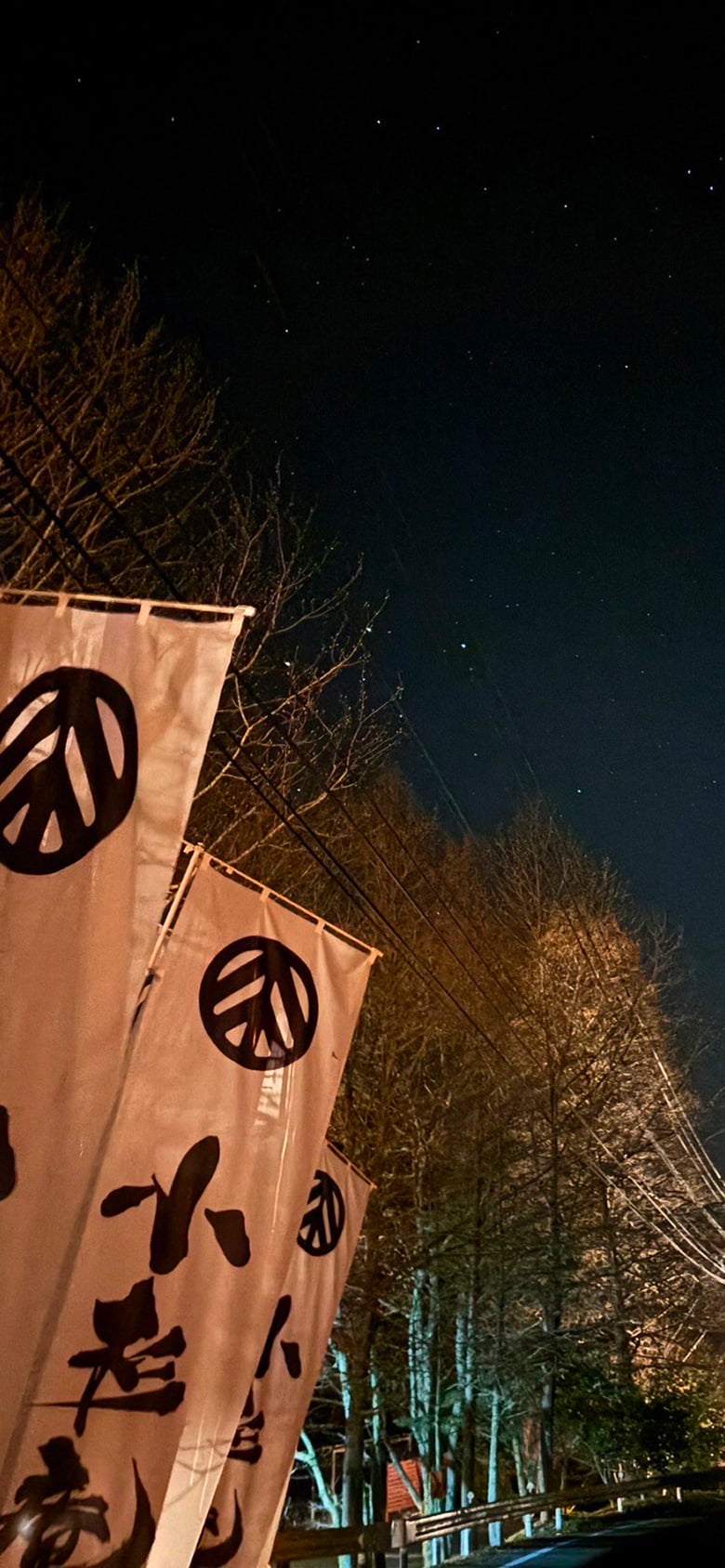 「小杉庵」と書かれたのぼりが風に揺れる、星空の下の山間の道路